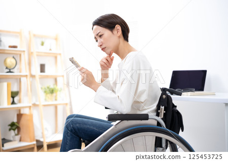 Woman in wheelchair, smartphone, worries Woman in wheelchair, smartphone, worries 125453725