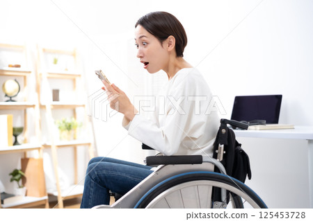 Woman in wheelchair, smartphone, worries Woman in wheelchair, smartphone, worries 125453728