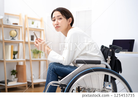 Woman in wheelchair, smartphone, worries 125453735