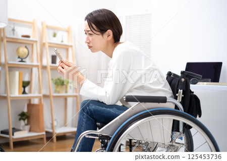 Woman in wheelchair, smartphone, worries 125453736