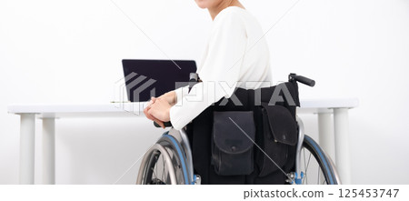 Woman in wheelchair working from home 125453747