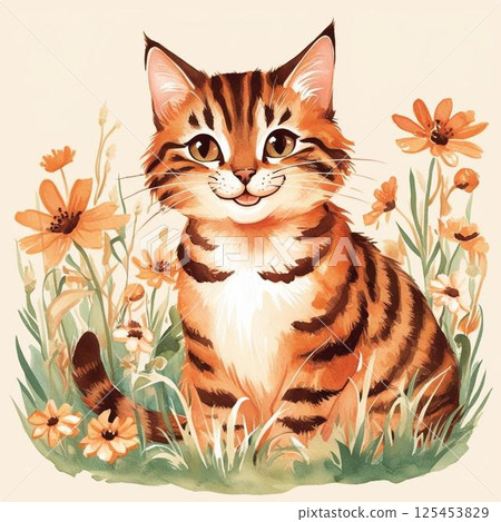 花和棕色虎斑貓 125453829