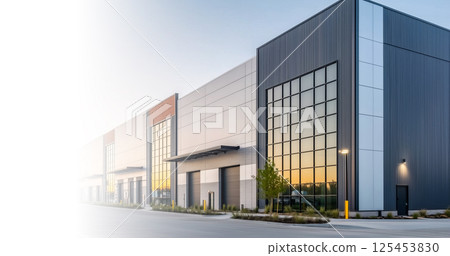 夕陽映照下的現代化工廠外觀，靜謐的物流園區 125453830