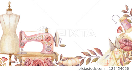 Watercolor banner with mannequin and sewing machine. Hand drawn vintage template with thread snips and floral copy space. Perfect for tailor shop or atelier advertising background and web design. 125454066