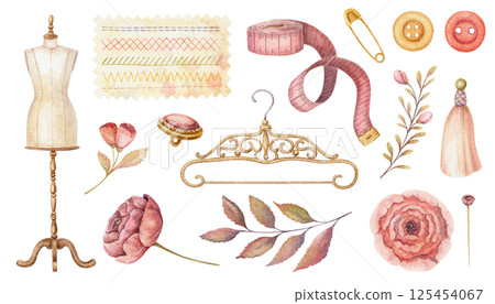 Set of dressmaking accessories and needlework in watercolor. Hand drawn vintage floral elements with mannequin and clothes hanger. Fashion industry and craft hobby kit. Perfect for atelier design. 125454067