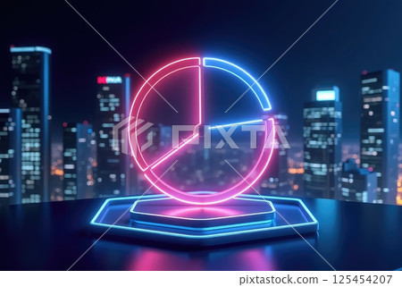 Neon 3D Pie Chart on Glass Platform with Night Skyline Background 125454207