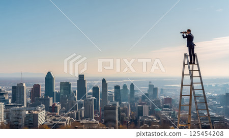 Strategic vision and foresight, corporate leader on ladder looking through binoculars at financial district skyline 125454208