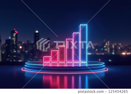 Neon 3D Pie Chart on Glass Platform with Night Skyline Background 125454265