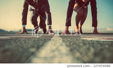 The beginning of a business journey, male and female professionals standing at the starting line 125454486