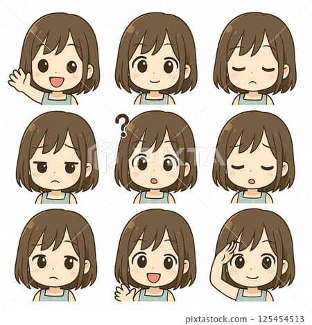 圖示集插圖為可愛的年輕女子,有著赤壁風格的短髮。微笑,生氣,嘆氣,理解,OK 圖示集插圖為可愛的年輕女子,有著赤壁風格的短髮。微笑,生氣,嘆氣,理解,OK 125454513