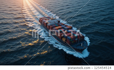 Aerial View of Large Container Cargo Ship Sailing in the Ocean. Aerial View of Large Container Cargo Ship Sailing in the Ocean. 125454514