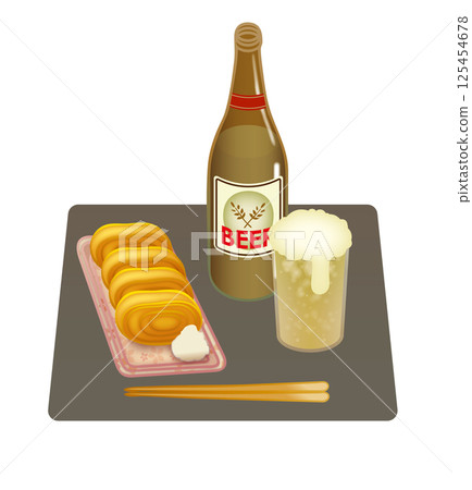 A stylish illustration of delicious tamagoyaki and beer 125454678