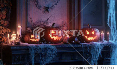 Three carved jack-o'-lanterns with candles on a spooky mantelpiece. 125454753