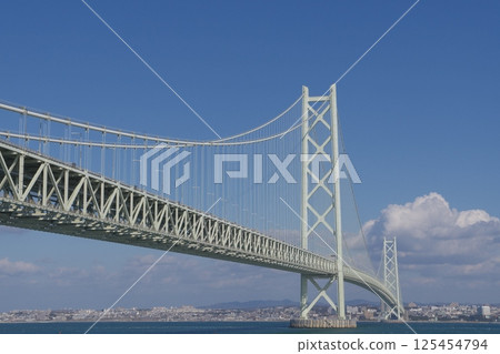 Akashi Kaikyo Bridge looking up from Roadside Station Awaji Akashi Kaikyo Bridge looking up from Roadside Station Awaji 125454794