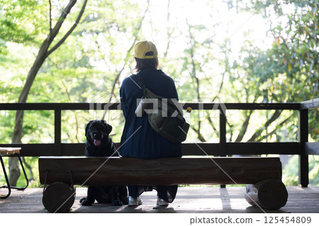 A woman looking at the scenery among the fresh greenery and a large dog looking at the camera, curious about the photographer. Silhouette without a face A woman looking at the scenery among the fresh greenery and a large dog looking at the camera, curious about the photographer. Silhouette without a face 125454809