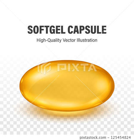 Vitamin B, E, D, Collagen Soft Gel Capsule, Isolated. Realistic 3D Golden Transparent Omega-3 Bead, Pharmaceutical Supplement, Fish Oil, Health and Beauty Concept. Vector Illustration 125454824
