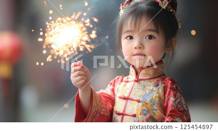 Child holding a sparkler in festive attire. 125454897