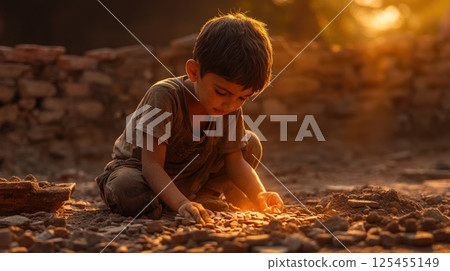 Child playing with rocks at sunset in a rural construction site Child playing with rocks at sunset in a rural construction site 125455149