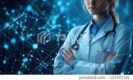 Confident doctor, arms crossed, network background, healthcare concept 125455182