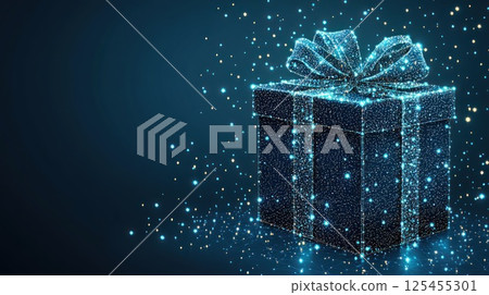 Abstract glowing gift box, dark background, particles, celebration 125455301