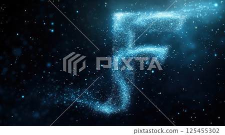 Abstract glowing letter F formed by particles in dark space 125455302
