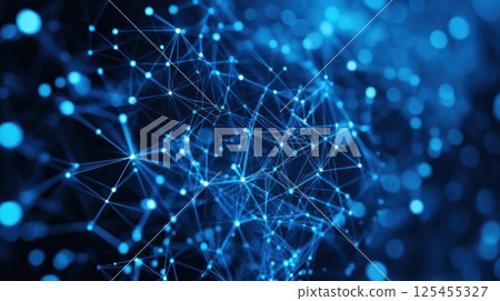 Abstract network system of interconnected points and lines in a dark blue background 125455327