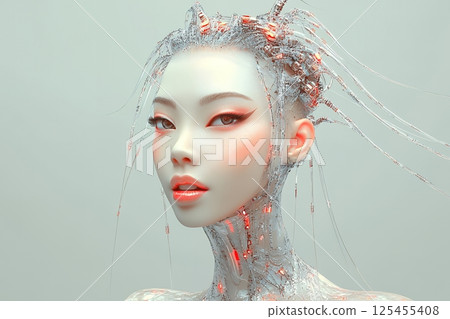 關注2100年潮流的亞洲人：利用AI打造的女性非傳統髮型和妝容（橫向照片） 125455408