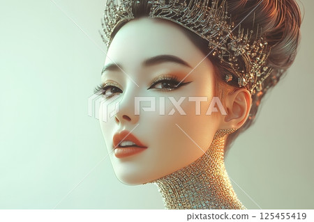 關注2100年潮流的亞洲人：利用AI打造的女性非傳統髮型和妝容（橫向照片） 125455419