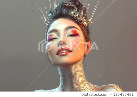 Asians who are conscious of the trends of 2100: Unconventional hair and makeup styles for women created using AI (horizontal photo) 125455491
