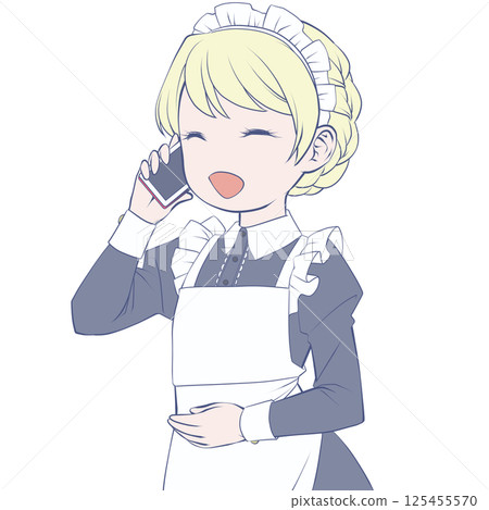 金髮女傭用智慧型手機打電話，面帶微笑 125455570