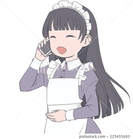 一位黑髮女僕用智慧型手機打電話,面帶微笑 一位黑髮女僕用智慧型手機打電話,面帶微笑 125455693
