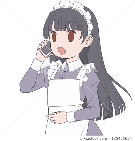 一位黑髮女僕用智慧型手機打電話，面帶微笑 125455694