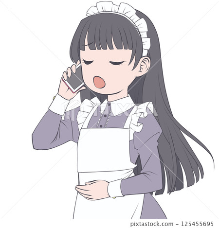 A black-haired maid making a phone call on her smartphone - astonished 125455695