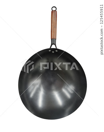 Top view, empty black pan, white background. 125455911