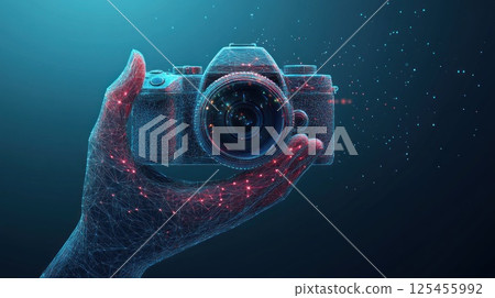 Digital Hand Holding Camera, Abstract Particles Background 125455992
