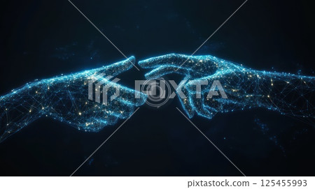 Digital hands reaching, connecting in dark space 125455993
