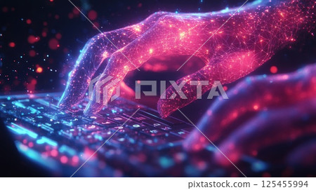 Digital Hands Typing on Futuristic Keyboard, Sparkling Background 125455994