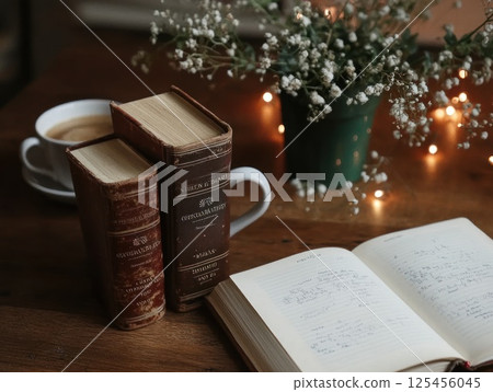 Cozy study space with books, coffee, and flowers 125456045