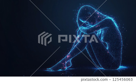 Depressed woman, sitting, digital art, glowing particles background 125456063