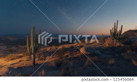 Desert landscape at night with saguaro cacti and milky way 125456064