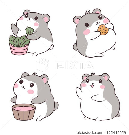Set of Cute Grey Little Hamster Mice Mouse Animal Cartoon Character Eating Food Vegetable Cookies 125456659