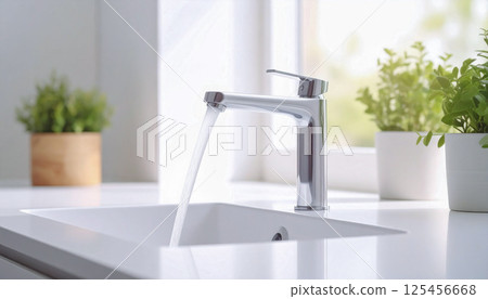 Image of water flowing vigorously from a water faucet Image of water flowing vigorously from a water faucet 125456668