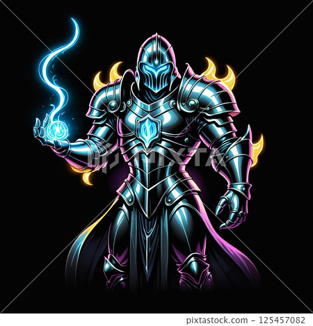 Armored warrior casting magical energy with glowing orbs and intricate detailing in a dark setting, showcasing a blend of fantasy and vibrant colors emphasizing the mystical theme. 125457082