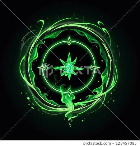 Glowing green magical symbol encircled by mystical energy effects and intricate designs radiating a sense of enchantment and mystery against a dark background. 125457083