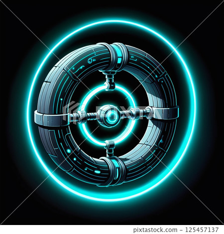 Futuristic glowing circular machinery with intricate design and neon accents on a black background, representing technology and innovation in a sci-fi aesthetic. 125457137