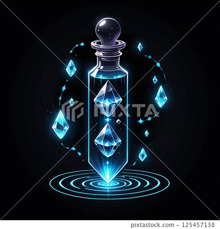 Glowing potion bottle with luminous gemstones floating around, surrounded by sparks and a circular energy field in a dark background. 125457138