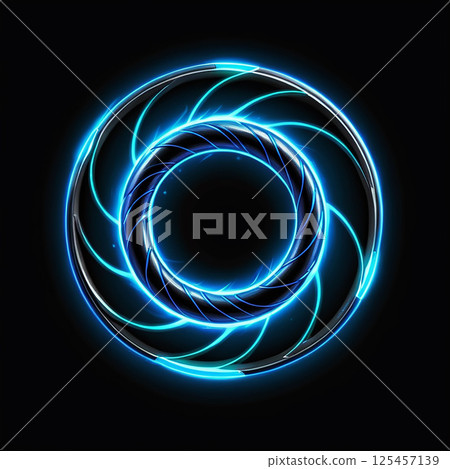 Glowing geometric design with circular elements and vibrant blue accents against a black background creating an abstract, futuristic aesthetic and visual appeal. 125457139