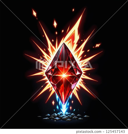 Radiant red gemstone radiating energy with bright sparks and glowing light effect against a dark background, emphasizing its sharp facets and brilliance. 125457143