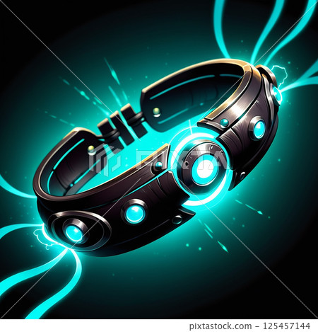 Futuristic bracelet with glowing blue lights design adorned with black accents, surrounded by glowing energy lines in a dark surreal background. 125457144