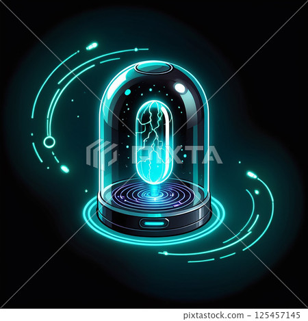 A glowing energy sphere encased in a transparent dome with swirling light effects and a futuristic design against a dark background. 125457145